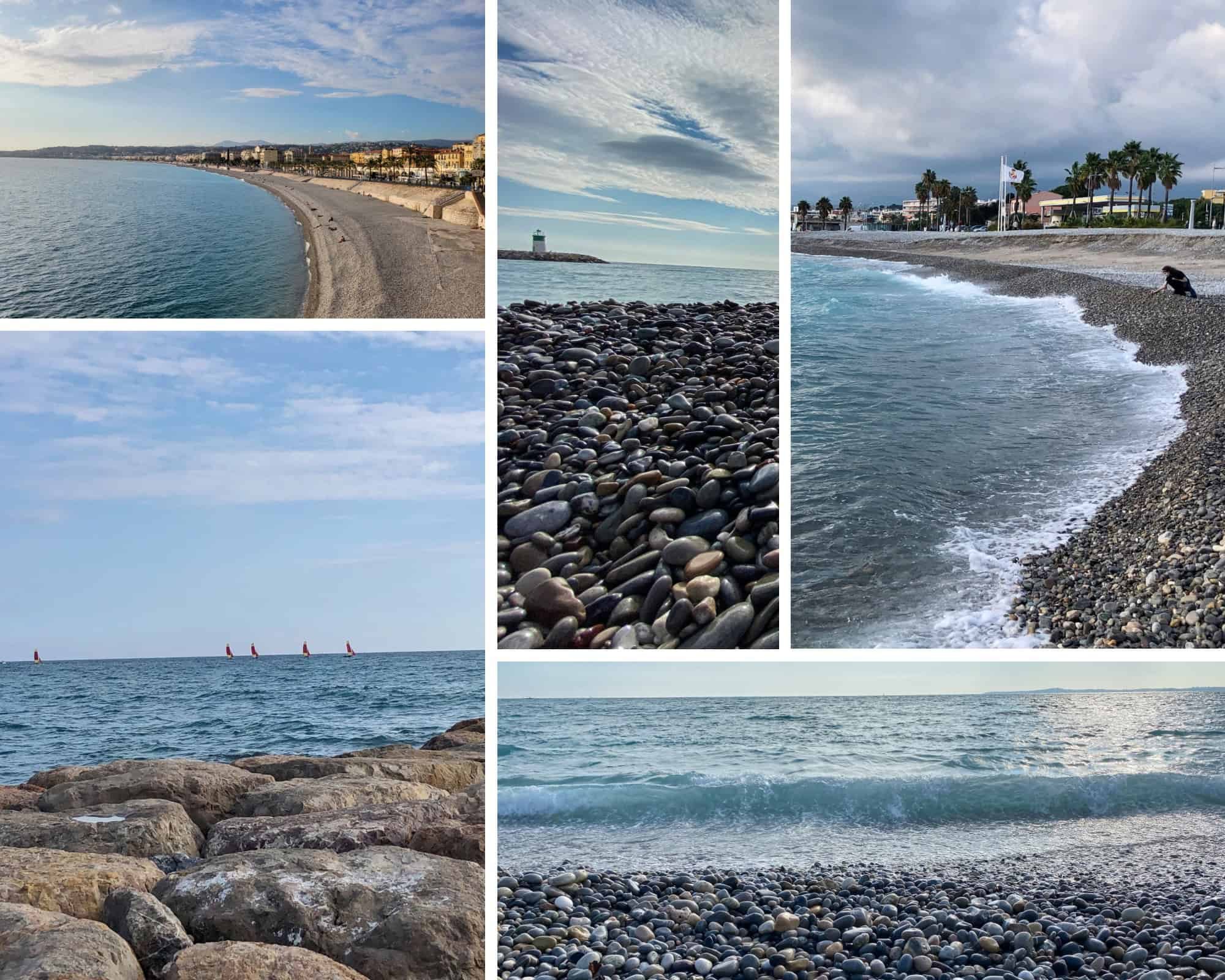 Alt text: Collage of Nice France's pebbled beaches — aerial coastline view, close-up of smooth stones, waves washing over pebbles, red sailboats on the Mediterranean, and a lone figure sitting on the rocky shore