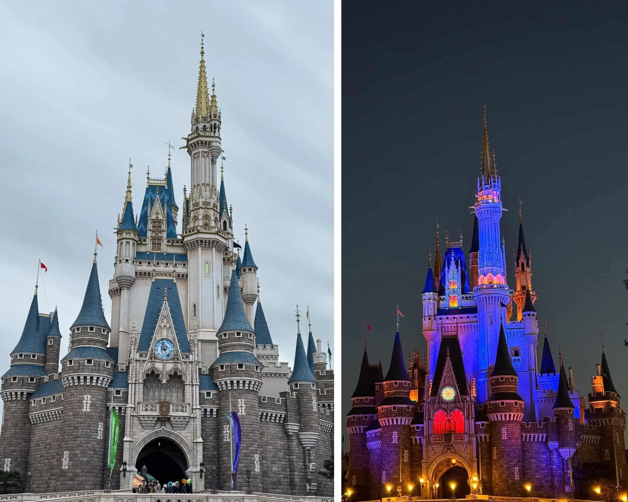 Two photos of Cinderella Castle at Tokyo Disneyland: one under a cloudy sky, one lit in blue and purple at night