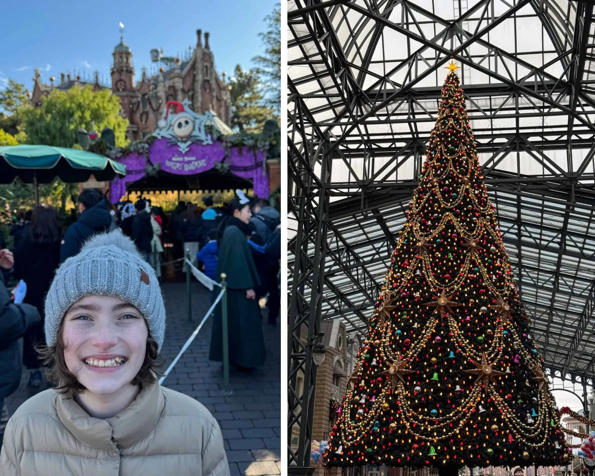Two photos: a family member in a beanie near a Nightmare Before Christmas sign, and a tall Christmas tree at Tokyo Disneyland