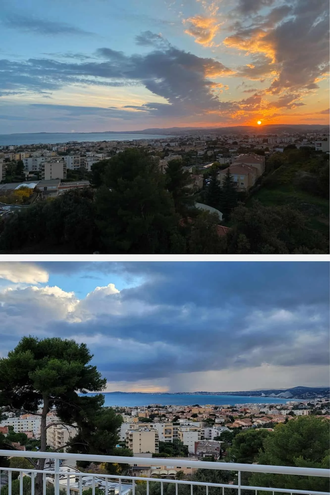 Nighttime view of Castel Beach and Mediterranean coastline Nice France from out penthouse apartment.