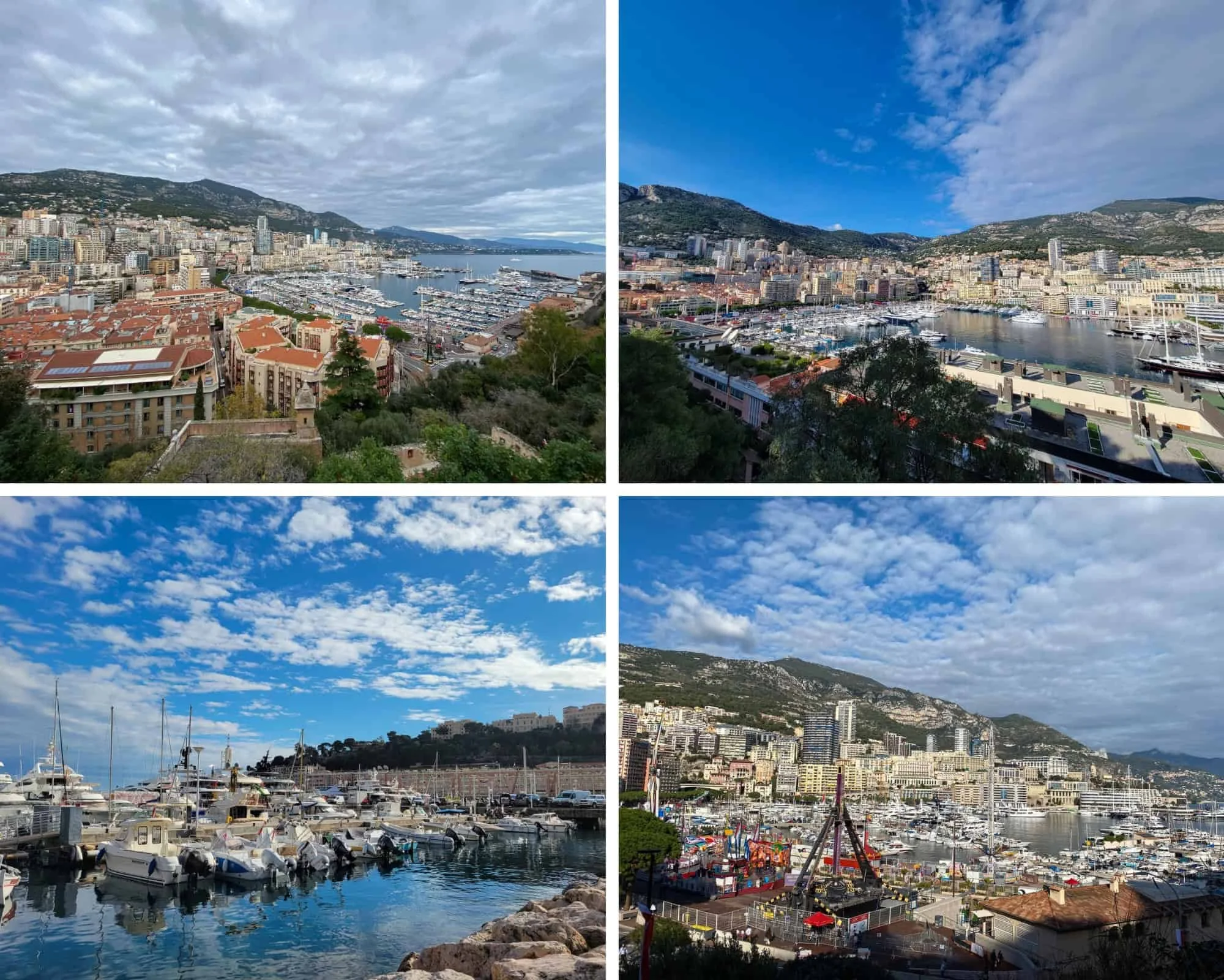 Four daytime views of Port Hercule in Monaco — panoramic harbor shots showing hundreds of superyachts, Monte Carlo's hillside skyline, and the Rock of Monaco from multiple vantage points