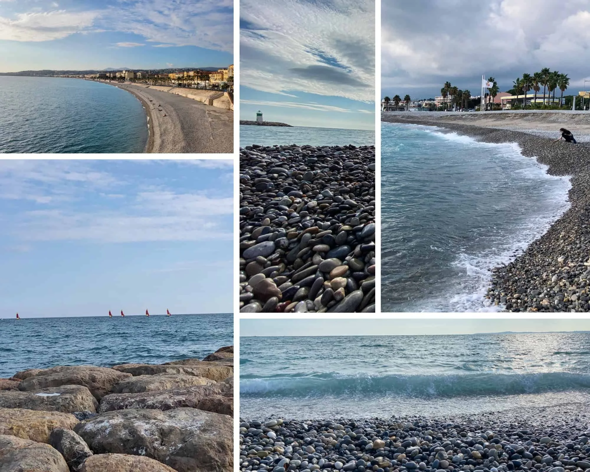 Pebble beach and turquoise Mediterranean Sea in Nice France on a clear sunny day