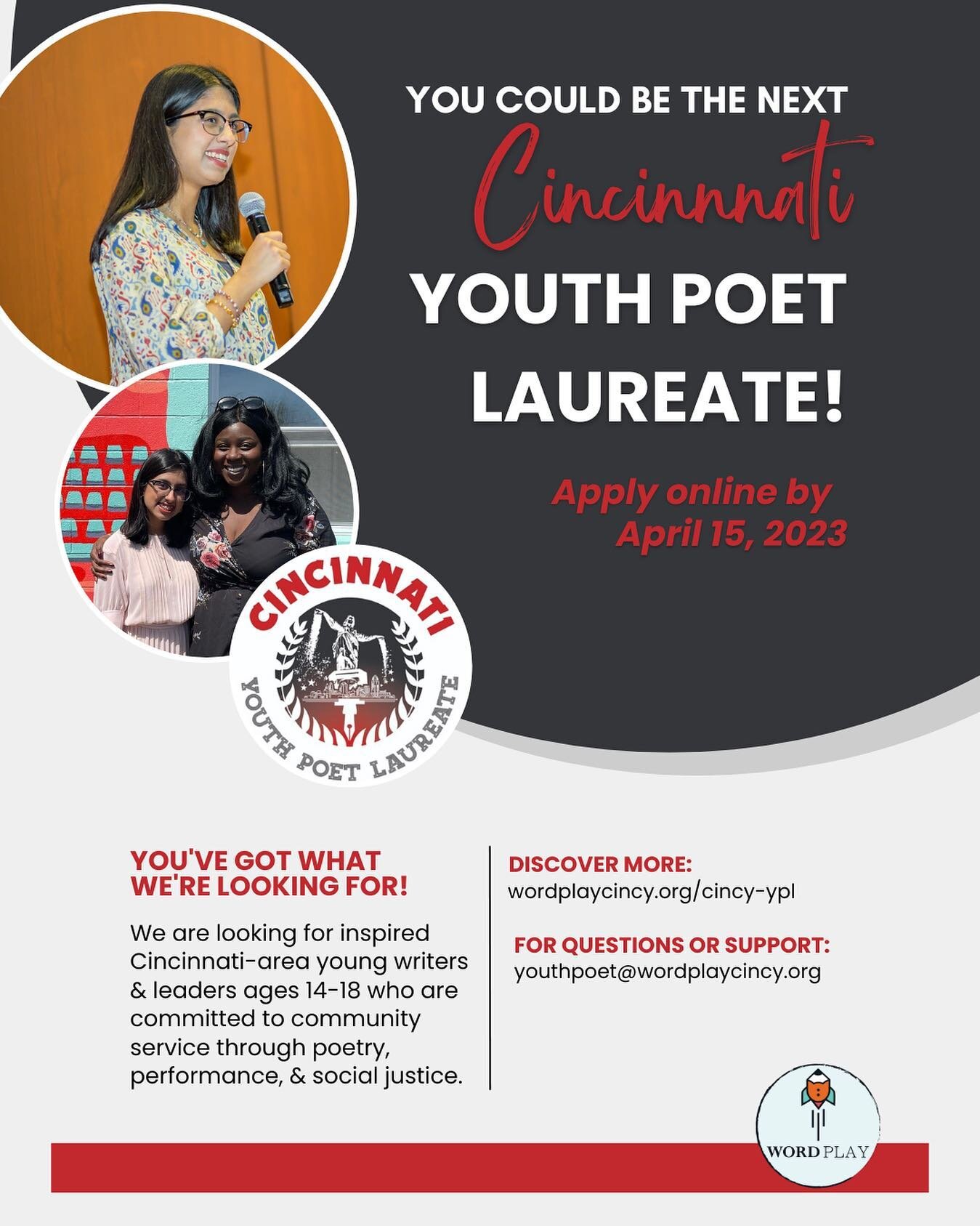 WordPlay is proud to be the founding partner and host for the Cincinnati Youth Poet Laureate (Cincy YPL) Program for its second year!

Cincy YPL (@cincyyouthpoet) is a creative writing and civic engagement out-of-school competition that aims to ident