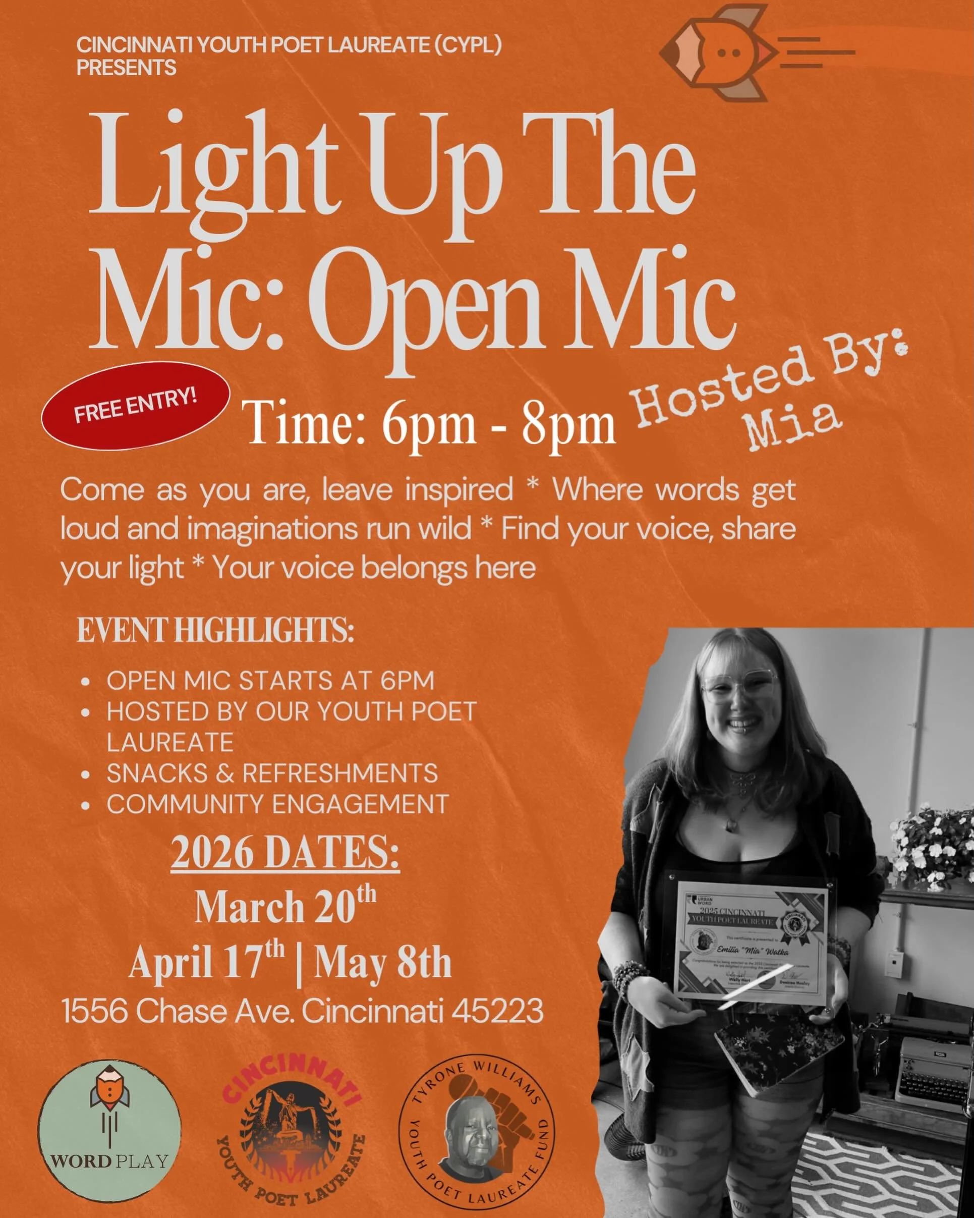 What&rsquo;s up Storytellers?! This our Last of open mic of the year! 2025-2026 Cincinnati Youth Poet Laureate will be hosting her last open mic to close out her cohort. Let&rsquo;s make this last one special.