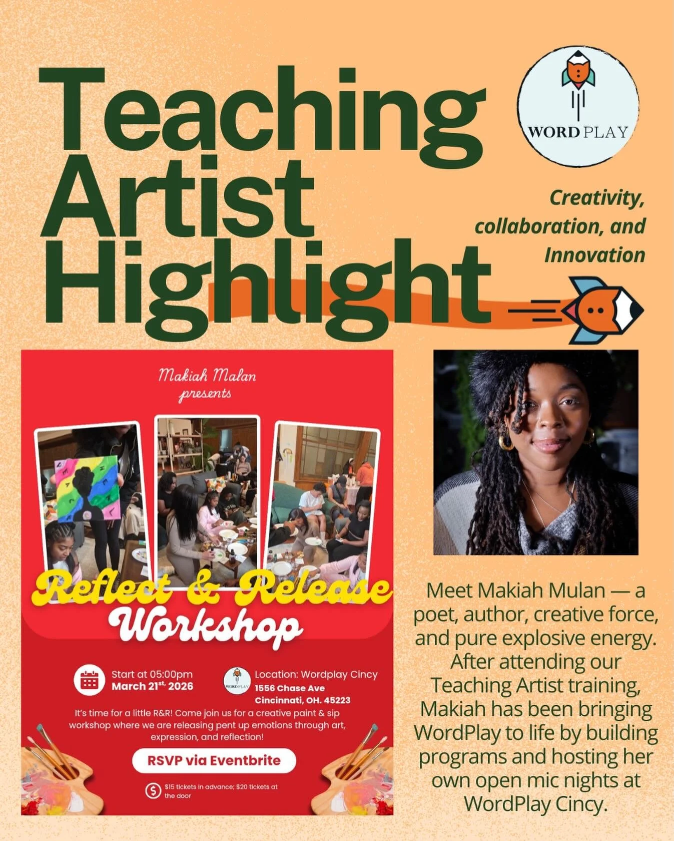 Meet @makiah.malan &mdash; a poet, author, creative force, and pure explosive energy. After attending our Teaching Artist training, Makiah has been bringing WordPlay to life by building programs and hosting her own open mic nights at WordPlay Cincy. 