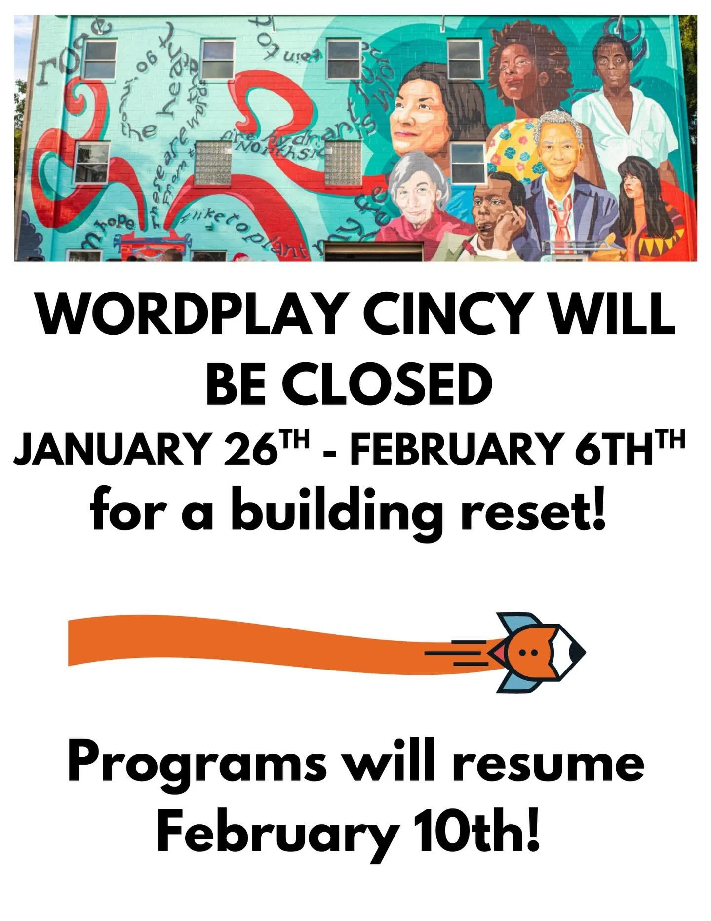 What&rsquo;s Up Storytellers?! 
Due to the Weather 
We&rsquo;ve extended our Reset dates.
Programming will resume February 10th.
See you then !
