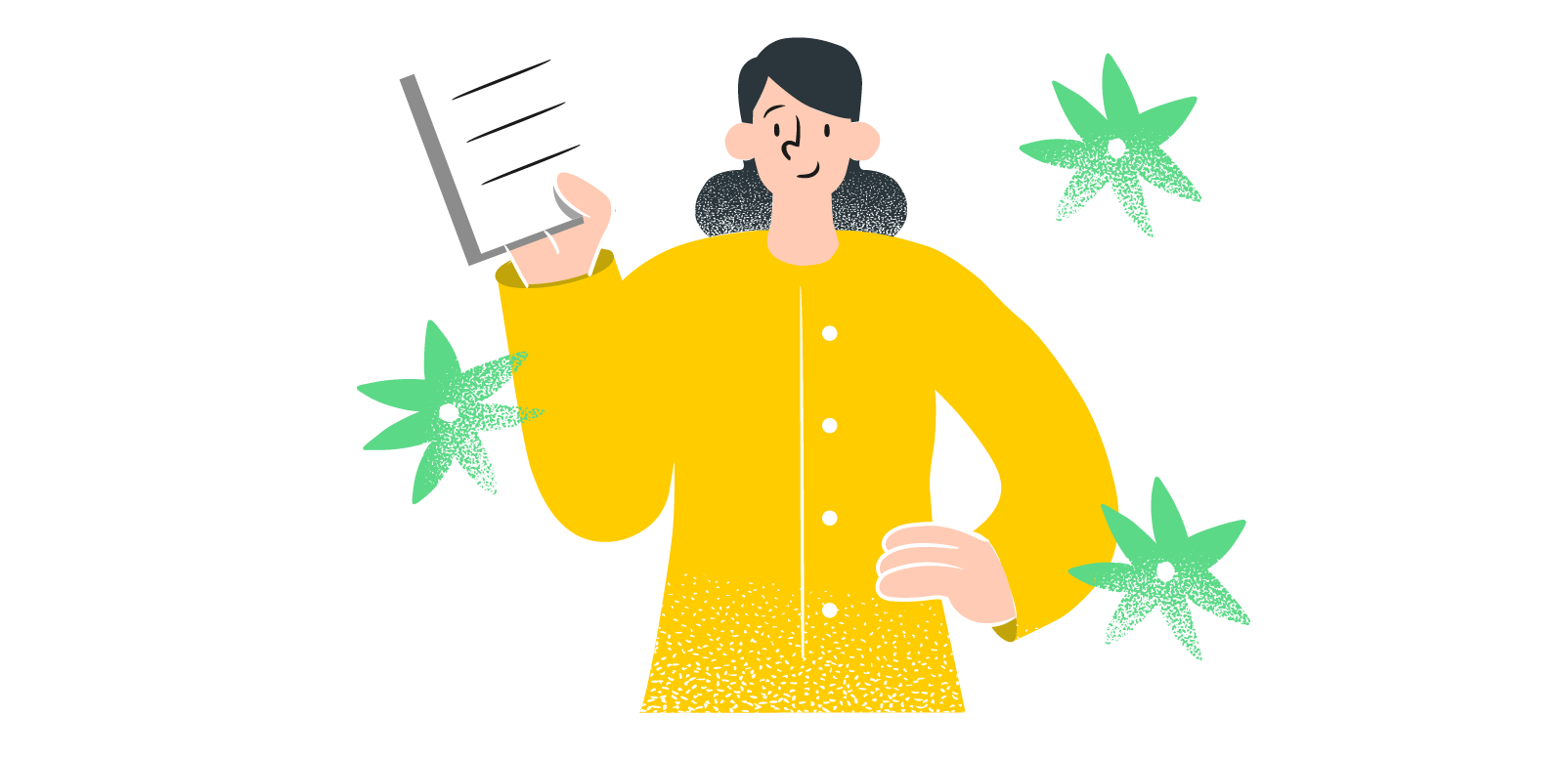 Digital illustration of a person holding a paper with cannabis leaves surrounding them.