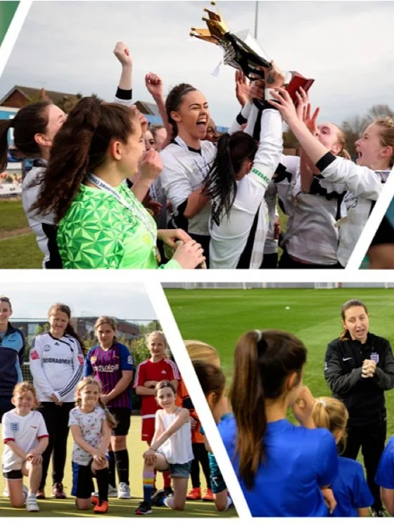 Collage of images showing various girls' football teams, players celebrating with a trophy, a coach addressing players, and officials at football events.