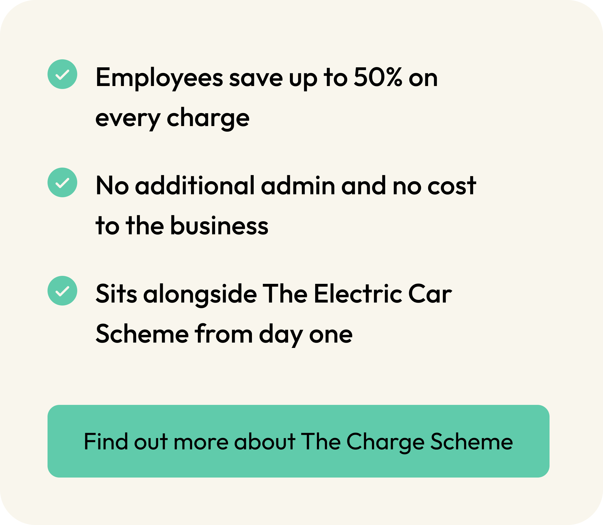 Screenshot of a website with text promoting a charge scheme for employees, featuring check marks next to benefits such as saving up to 50% on charges, no additional admin fees, and sitting beside an electric car.