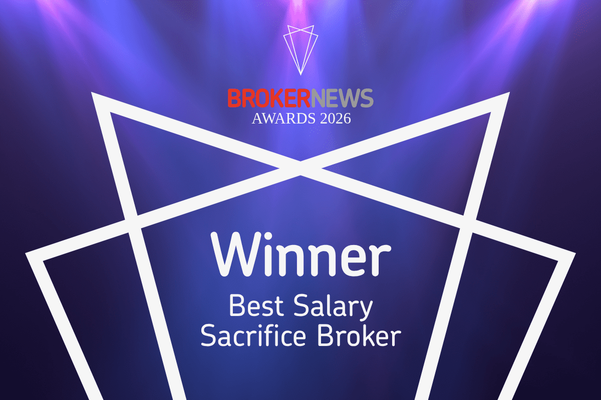 Award graphic with purple background and white geometric design, recognizing BrokerNews Awards 2026 for Best Salary Sacrifice Broker, labeled as Winner.
