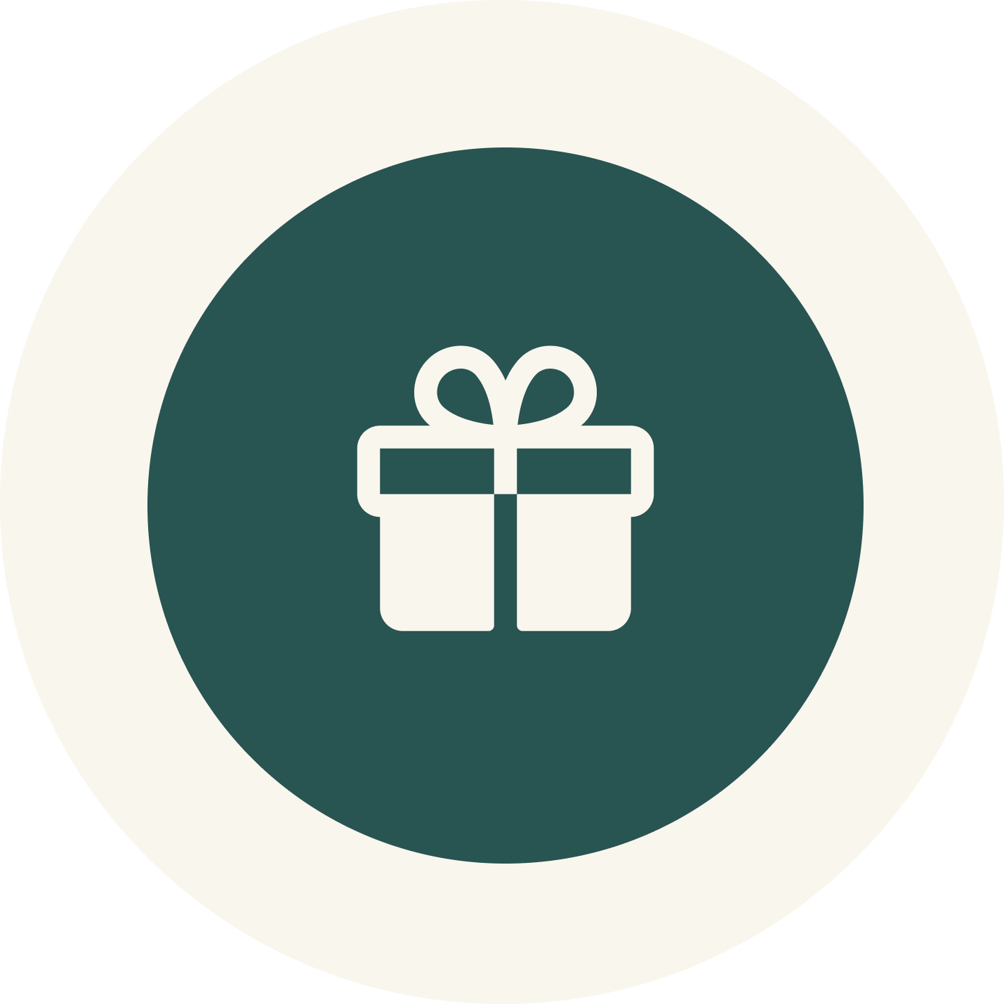 Icon of a gift box with a ribbon inside a dark green circle, surrounded by a light beige ring.