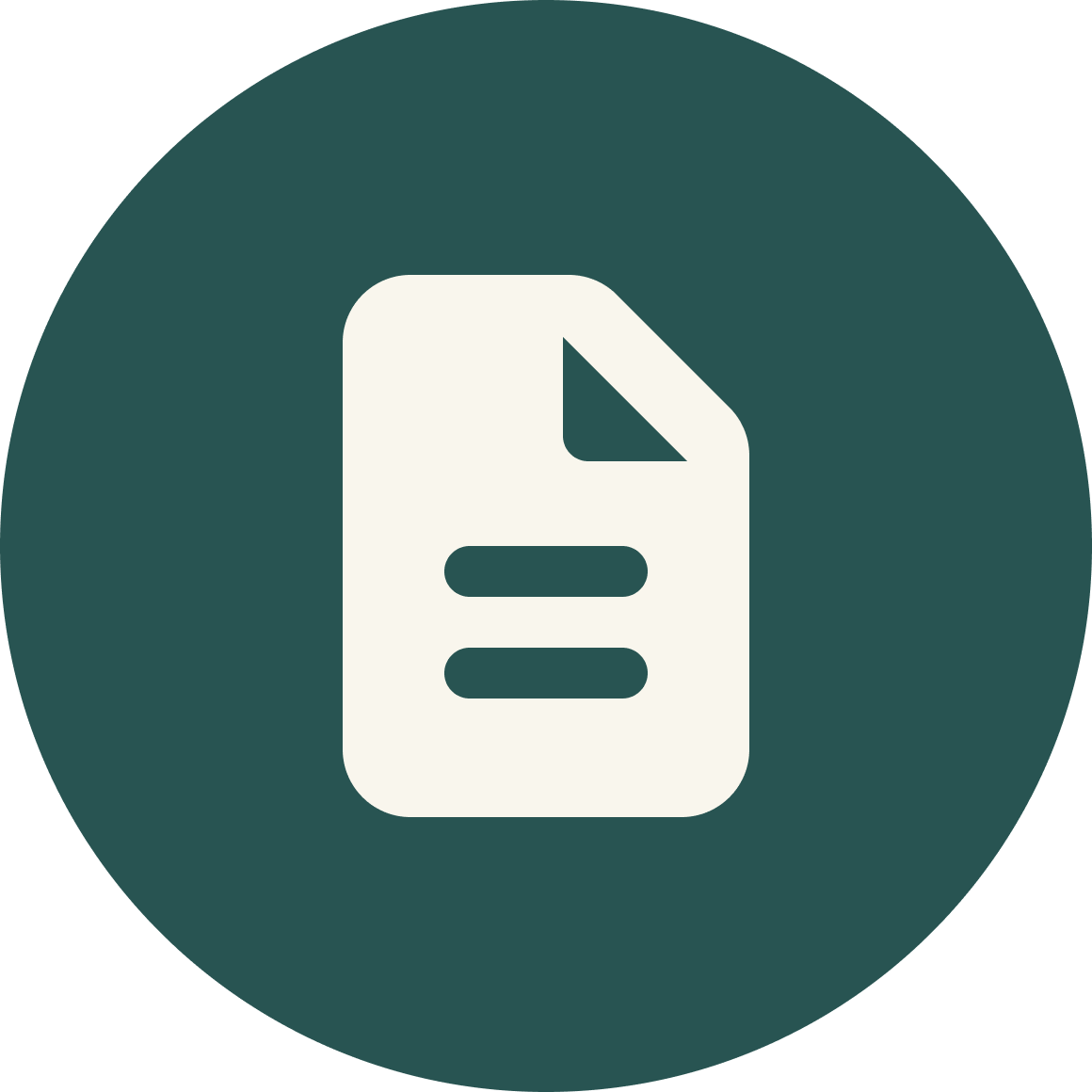 Icon of a document with text lines on a dark green circular background.