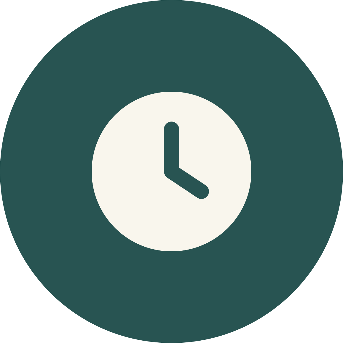Clock icon with a white face and black hands indicating 3:00, surrounded by a dark teal circular background.