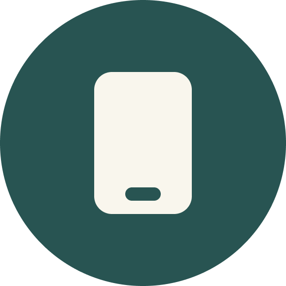 Icon of a smartphone with a white screen and a dark oval home button at the bottom, set against a dark green circular background.