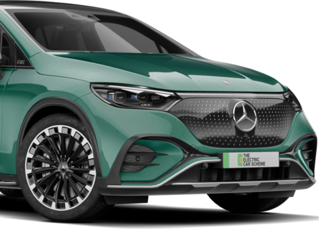 Green Mercedes-Benz electric car with black and silver grille, featuring the Mercedes logo, and a license plate that reads 'The Electric Car Scheme'.