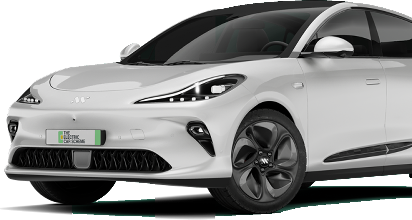 A sleek, white electric car with a modern design and black accents, featuring a curved hood, narrow headlights, and futuristic alloy wheels.