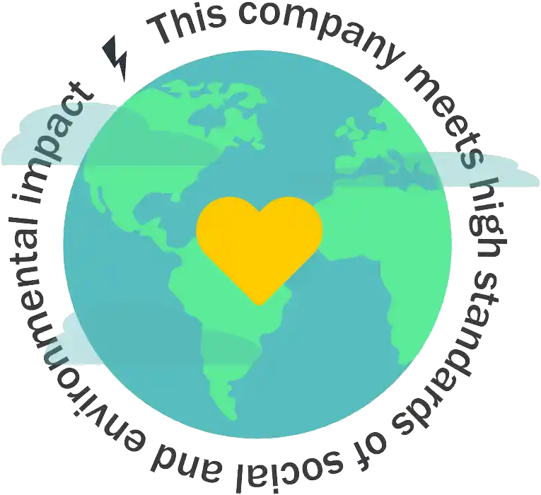 An illustration of Earth with a yellow heart at the center. Text around the image reads: "This company needs high standards of social and emotional impact."