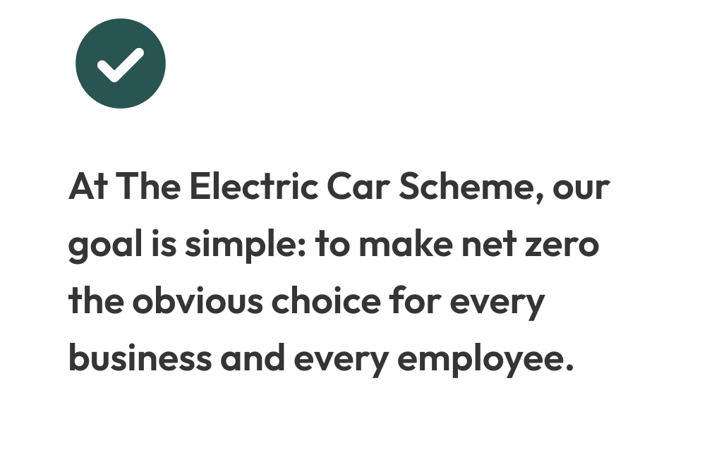 A green checkmark icon with a white checkmark inside a dark green circle, above a message about the goal of making net zero emissions through electric car schemes.