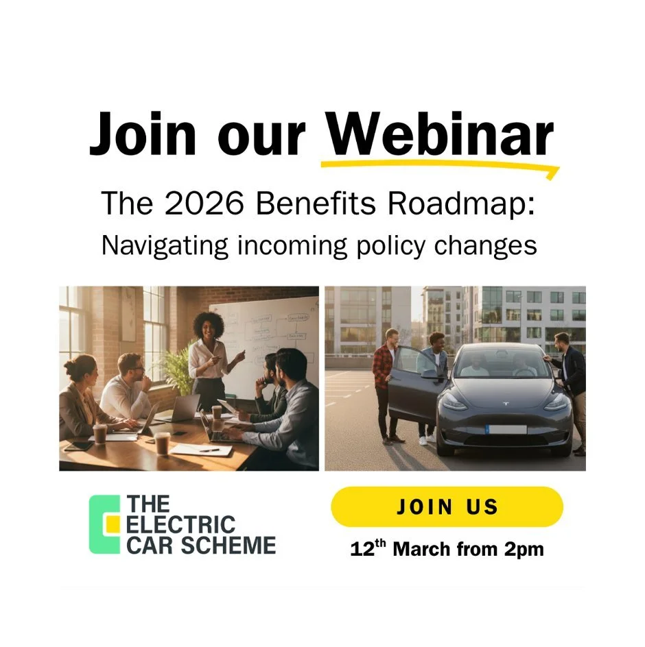 A promotional flyer for a webinar titled "The 2026 Benefits Roadmap: Navigating incoming policy changes," hosted by The Electric Car Scheme, scheduled for March 12th at 2 p.m. The flyer features images of people in a meeting room and a group of friends with a Tesla car.