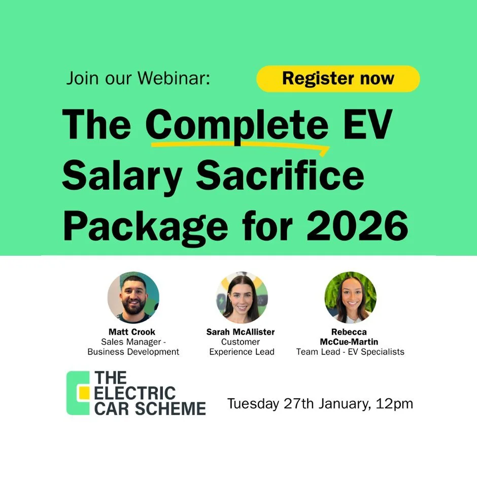 Advertisement for a webinar titled "The Complete EV Salary Sacrifice Package for 2026," scheduled for Tuesday, January 27th at 12 PM, featuring speakers Matt Crook, Sarah McAllister, and Rebecca McCue-Martin, organized by The Electric Car Scheme.