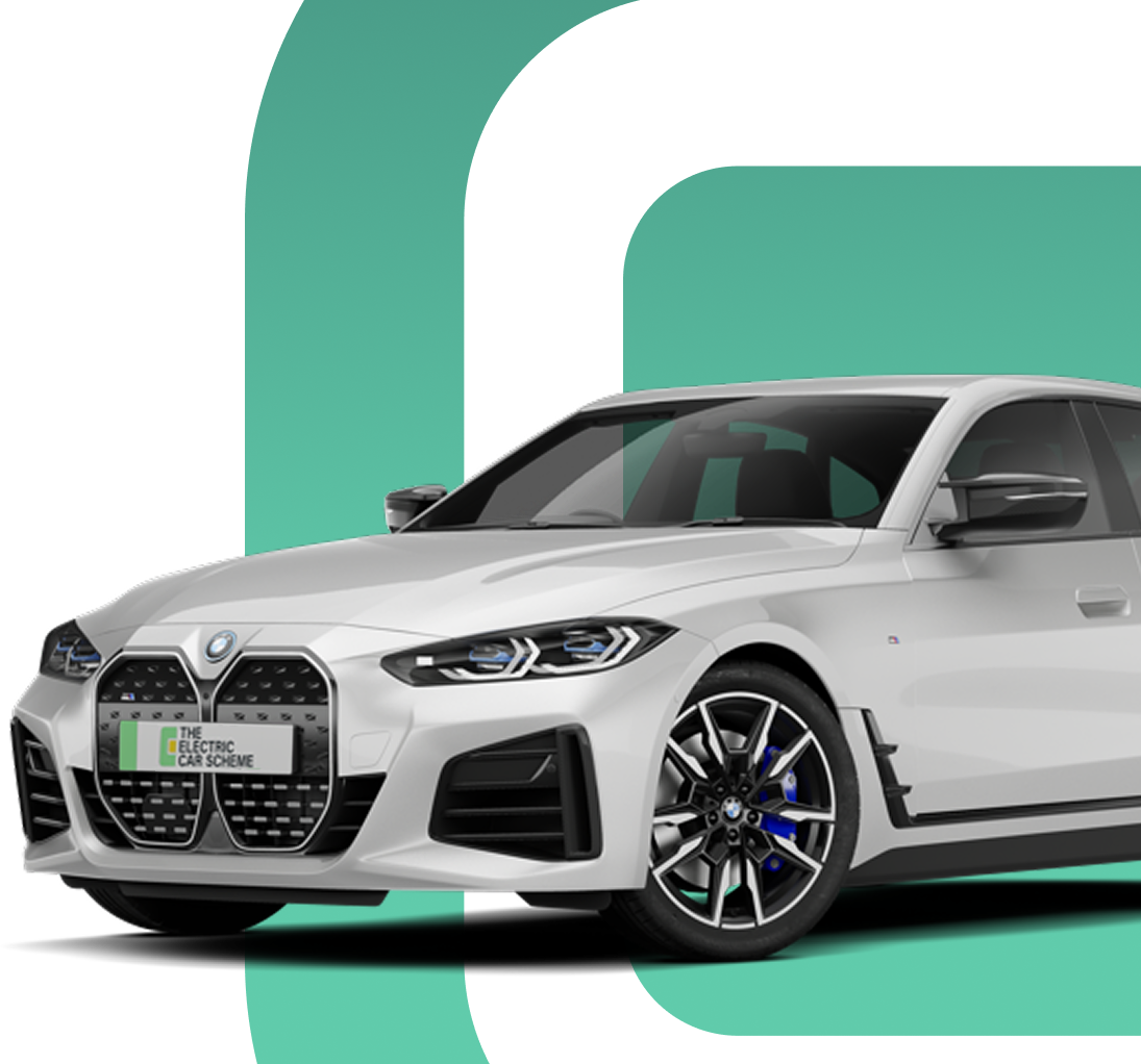 A silver BMW electric car with the front grille displayed, parked against a abstract green and teal background.