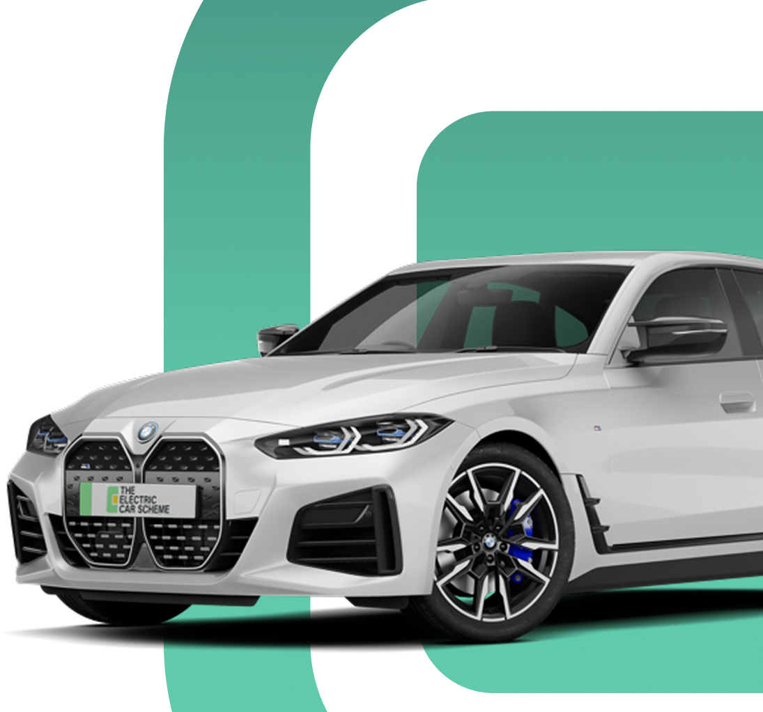 A white electric BMW sedan car with a front grille that has a sign reading 'The Electric Car Scheme' parked on a mint green background.