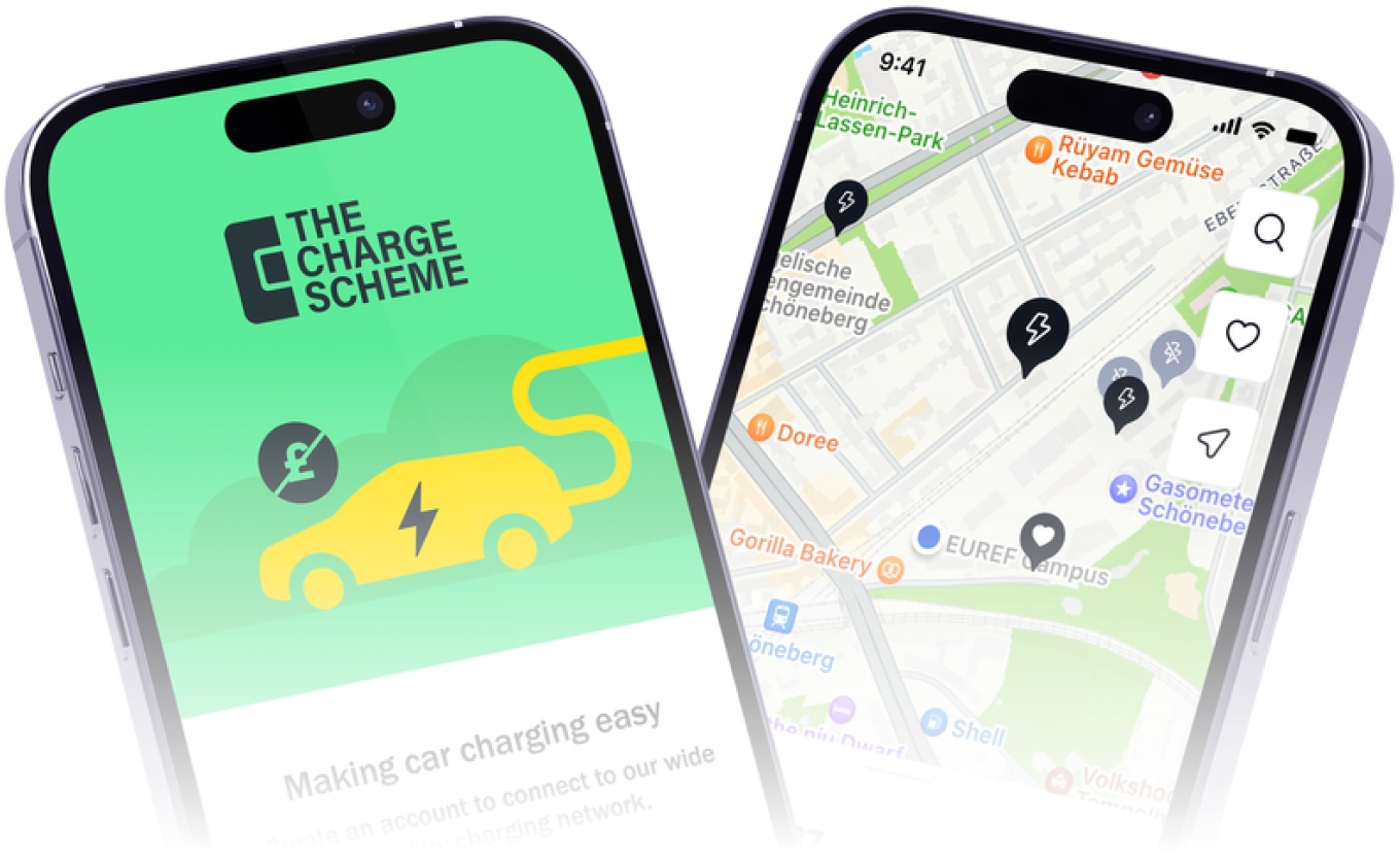 Two smartphones displaying an electric vehicle charging app. The left phone shows the app home screen with a logo, a car with a charging cable, and the text 'Making car charging easy.' The right phone shows a map with nearby charging stations marked.