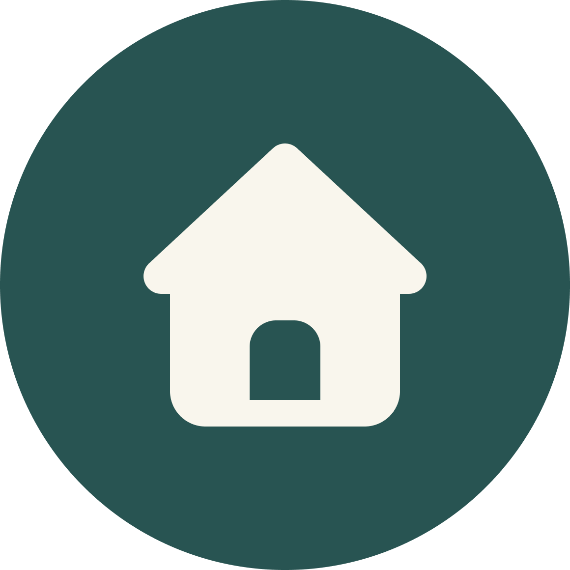 Icon of a white house with an arched doorway on a dark green circular background.
