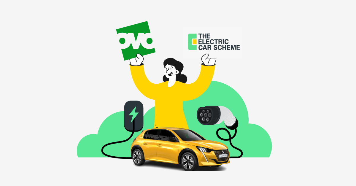 Illustration of female holding two logos: one OVO logo and one The Electric Car Scheme. Includes an image of a car and an illustration of a charger 