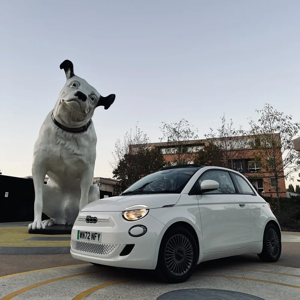 A white Fiat 500 parked near a giant statue of a dog with a tilted head, set outside during the day with a building and trees in the background.