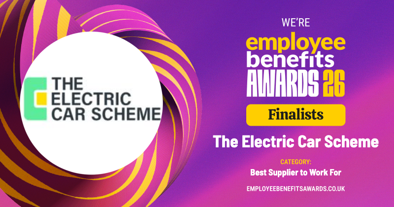 Award announcement for the Electric Car Scheme as a finalist in the employee benefits awards for best supplier to work for, with a colorful purple and pink background and the scheme's logo.