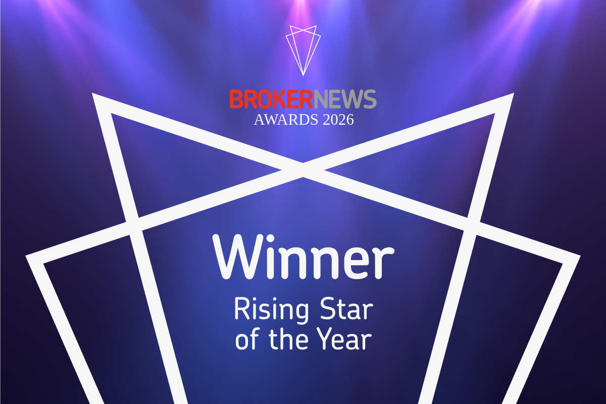 Award graphic for Broker News Awards 2026, with the text "Winner Rising Star of the Year" on a dark blue and purple background with geometric white lines and a neon-like logo at the top.