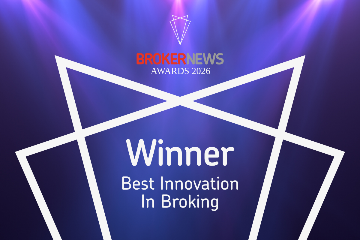 An award graphic with the text "Winner Best Innovation In Broking" at the Broker News Awards 2026, featuring a purple background with geometric white lines and a logo at the top.