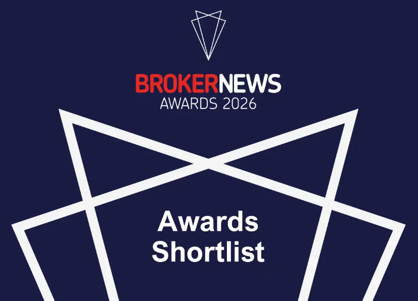Image of a graphic for Broker News Awards 2026, with the words 'Awards Shortlist' and a geometric logo at the top.