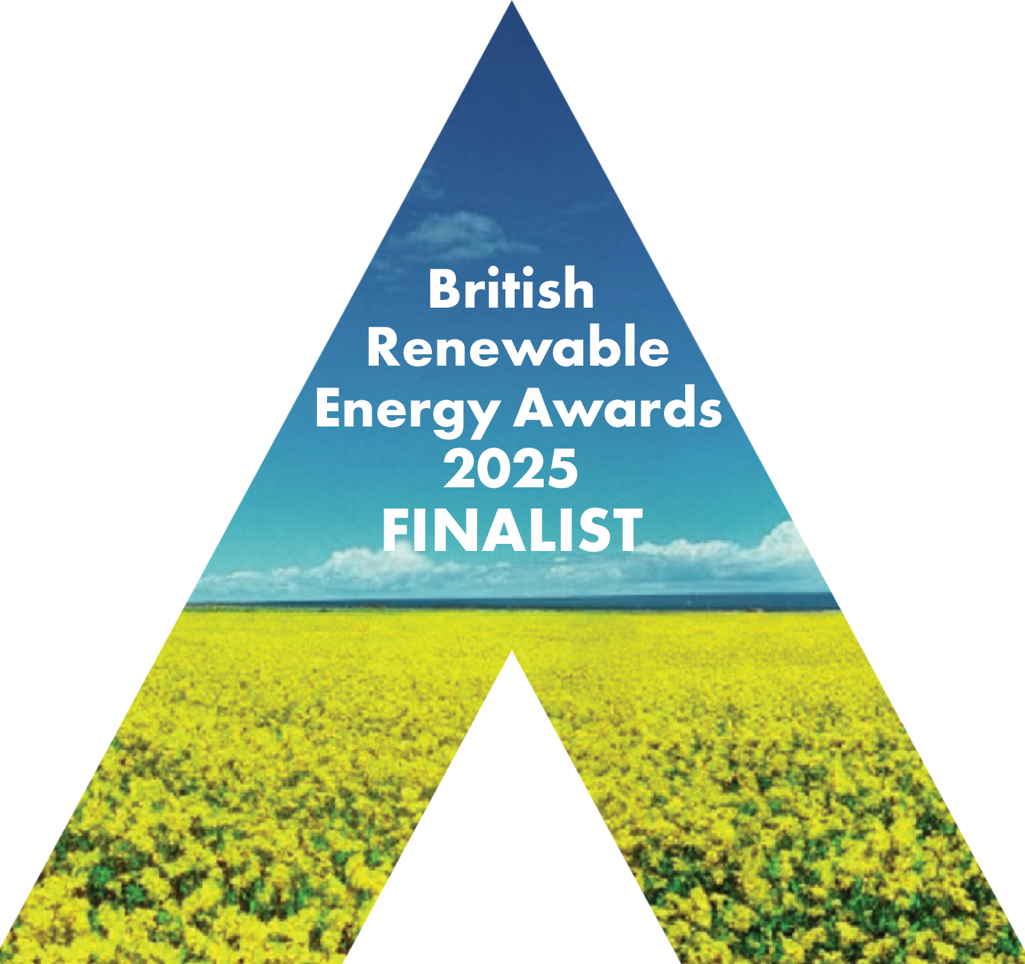 Poster for the 2025 British Renewable Energy Awards final, organized by the REA, held on June 12 at the Sheraton Grand Hotel, with a 20th-anniversary logo in gold and pink text on a black background.