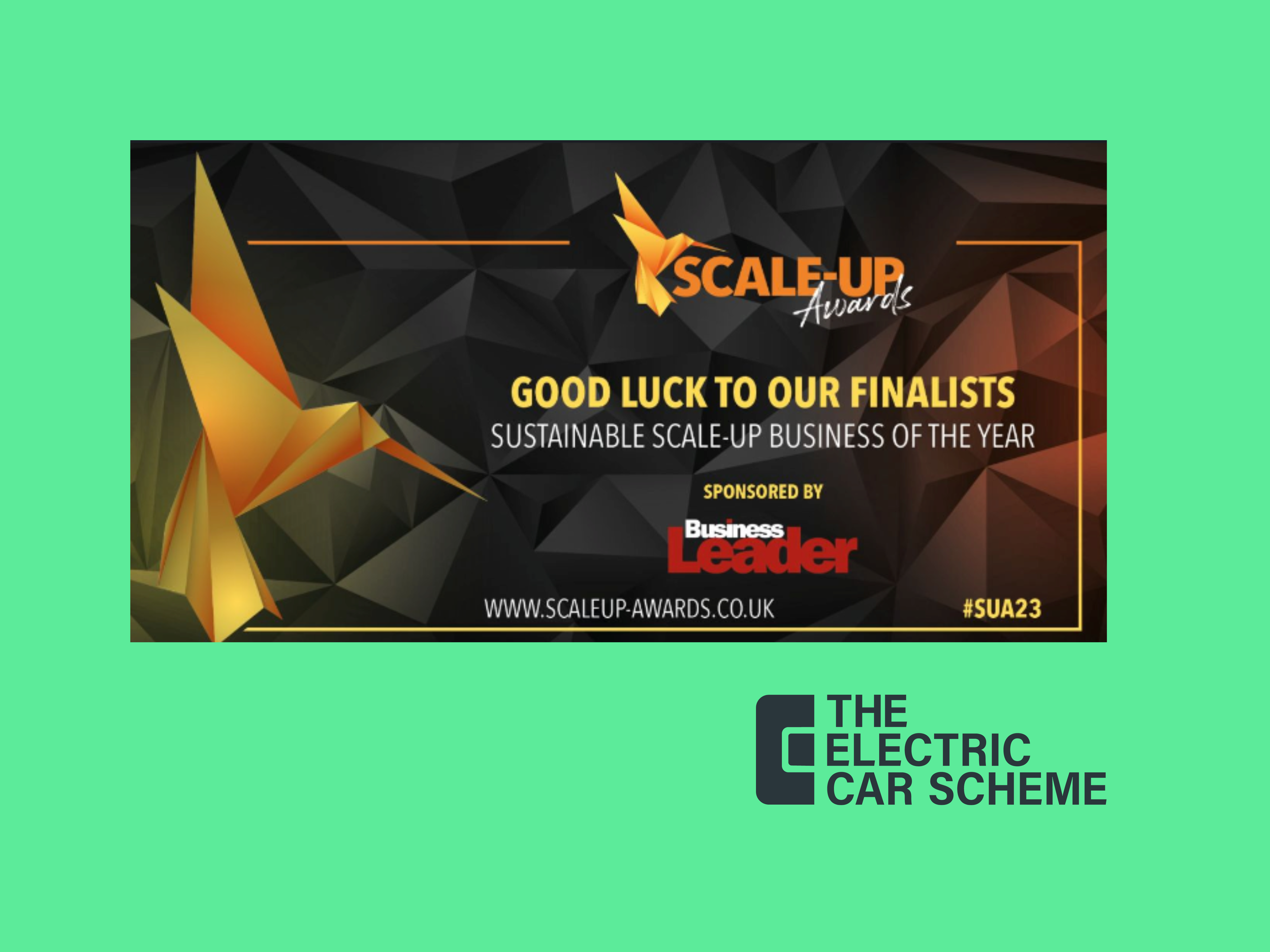 Digital certificate or award for the Scale-Up Awards, sponsored by Business Leader, congratulating finalists for their sustainable scale-up business of the year, with a geometric black background and gold and orange accents, including a rocket graphic and the website www.scaleup-awards.co.uk.
