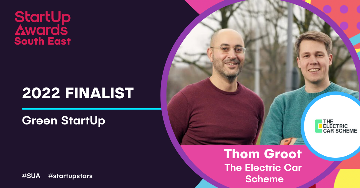 A digital graphic announcing Thom Groot as a 2022 finalist in the Green StartUp category at the South East StartUp Awards, featuring a photo of Thom Groot and the logo of The Electric Car Scheme.