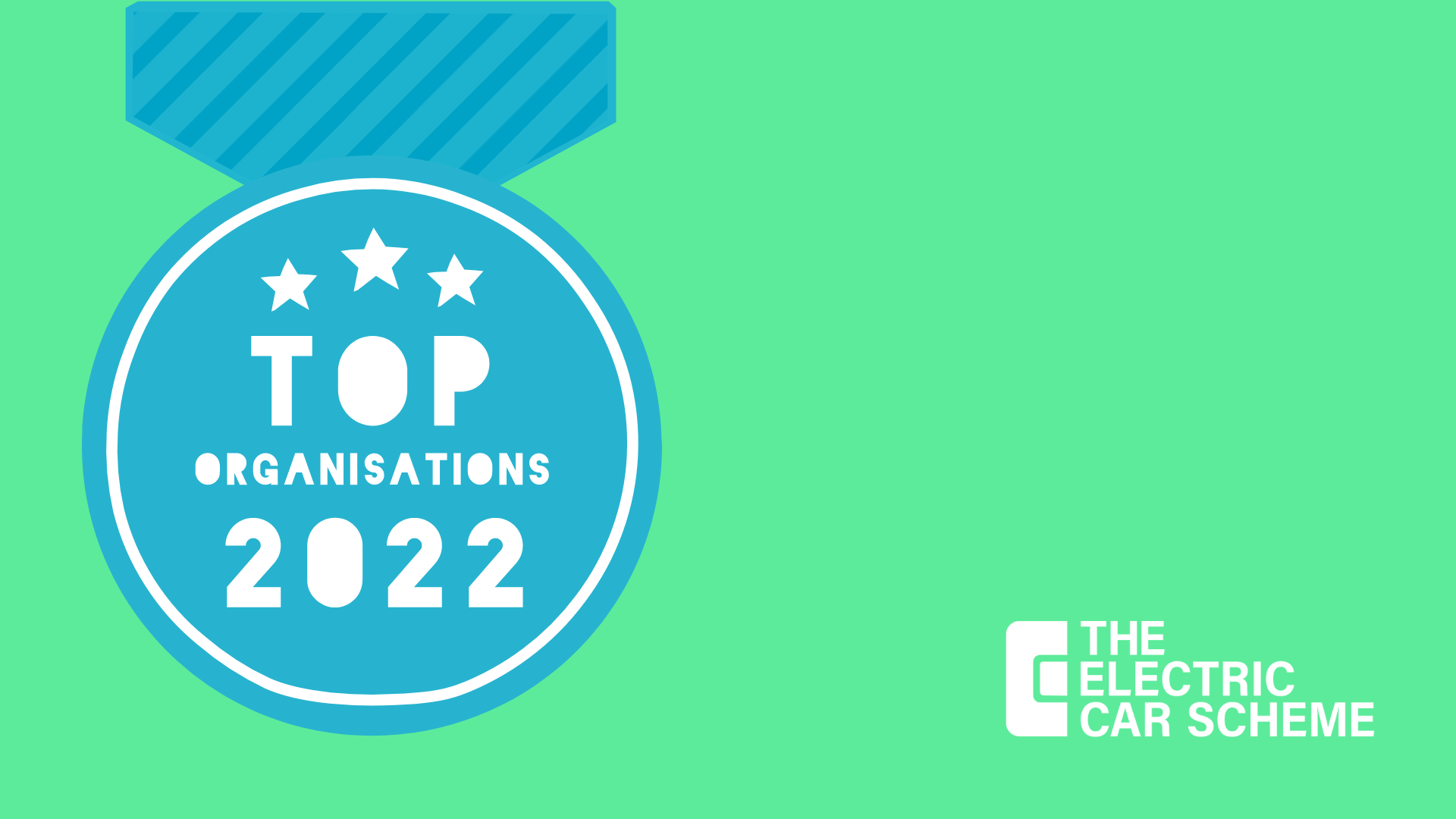 An illustration of a medal with a blue ribbon and the text 'Top Organisations 2022' in white, alongside the logo of The Electric Car Scheme on a green background.