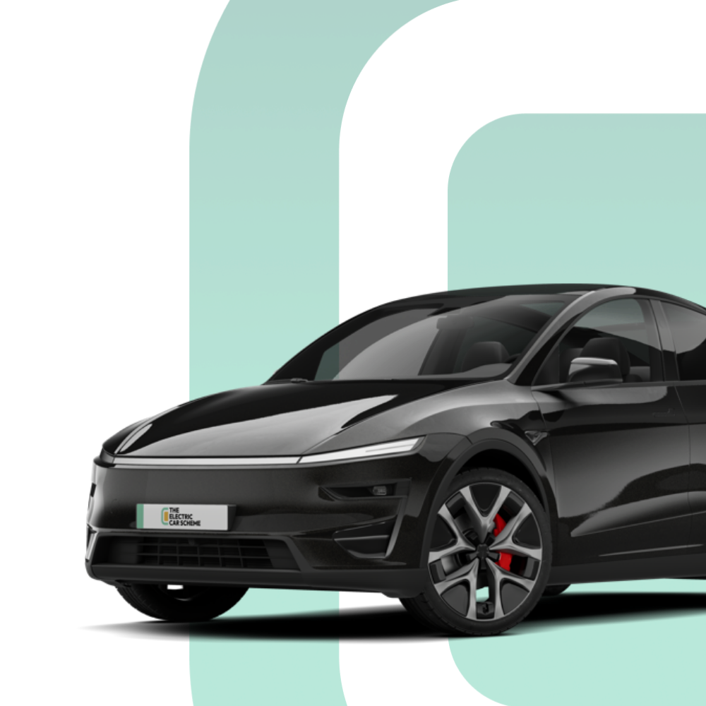 Black electric car with gray accents and red brake calipers, set against a teal and black graphic background.