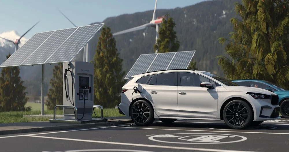 Electric vehicle recharges at a scenic charging station surrounded by mountains and nature, highlighting the integration of sustainable energy into modern mobility