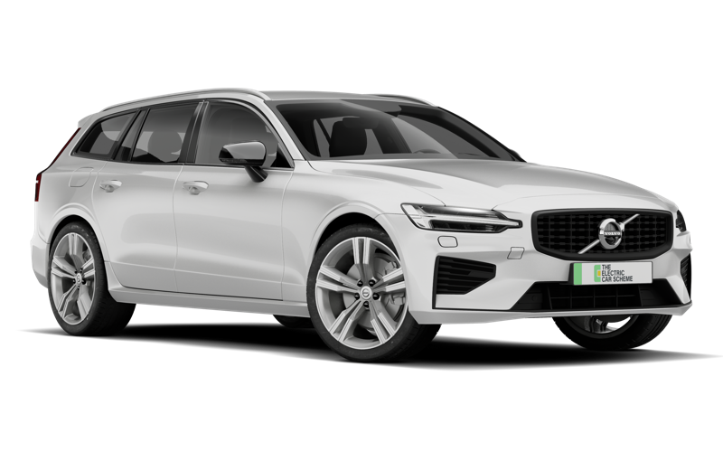 A white electric station wagon car with black front grille and tinted windows, driving on a black background.