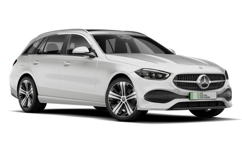 White Mercedes-Benz station wagon with black front grille and alloy wheels, displaying a green license plate with the logo for electric car scheme.