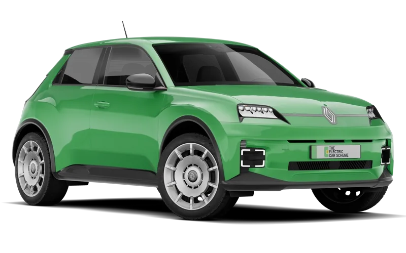 Green compact electric car with tinted windows and a black side mirror.