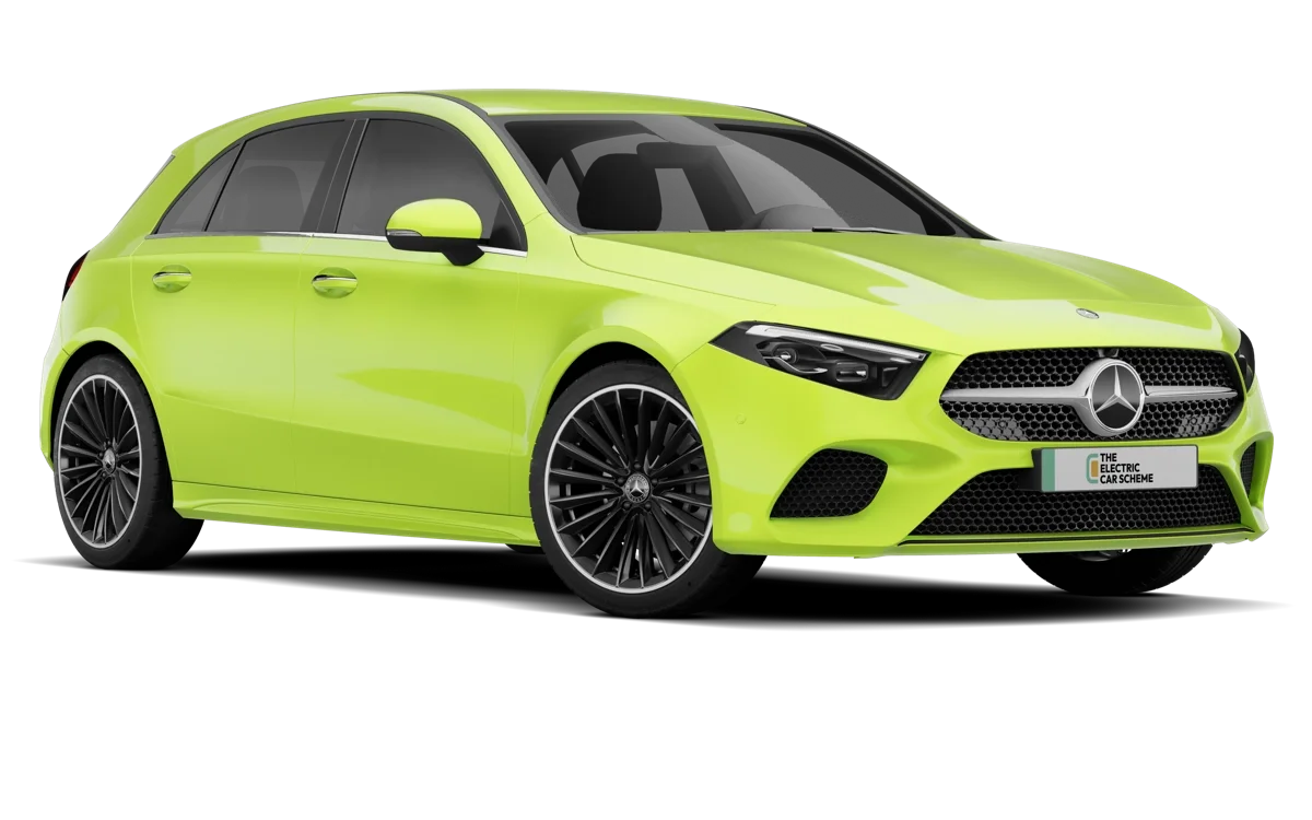 A bright yellow-green Mercedes-Benz hatchback car with black rims and tinted windows, with a license plate that reads 'The Electric Car Scheme'.