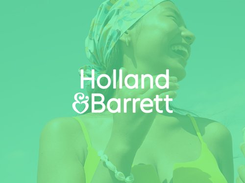 A smiling woman with a headscarf, wearing a tank top, on a green background with the text 'Holland & Barrett'.