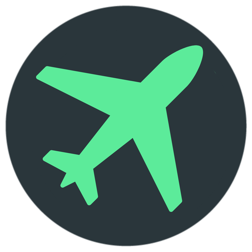 Icon of an airplane in green inside a dark circle.