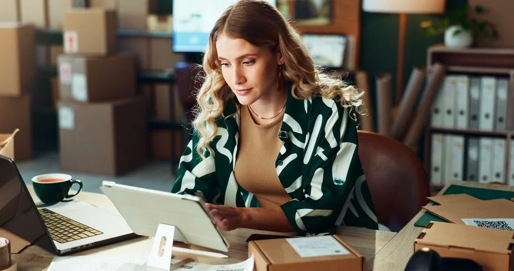 A woman with long wavy hair working at a desk with a tablet, a laptop, a coffee mug, and several cardboard boxes in an office setting.
