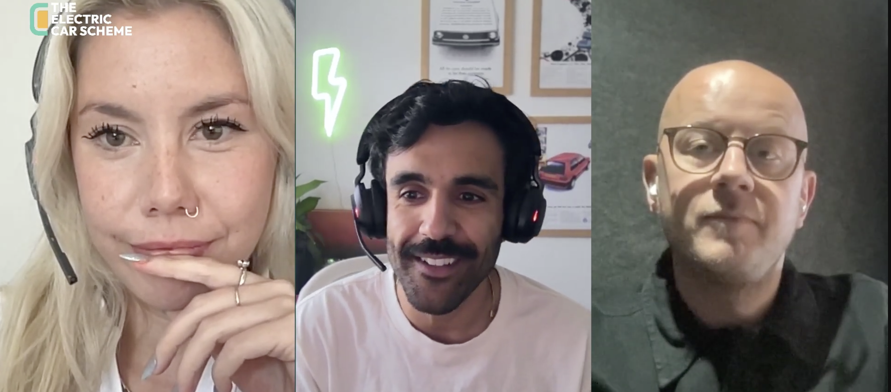 A split-screen video call with three people. The woman on the left has blonde hair, a septum piercing, and looks thoughtful. The man in the middle has dark hair, a beard, and is wearing headphones, smiling. The man on the right is bald, wearing glasses, and has a neutral expression.