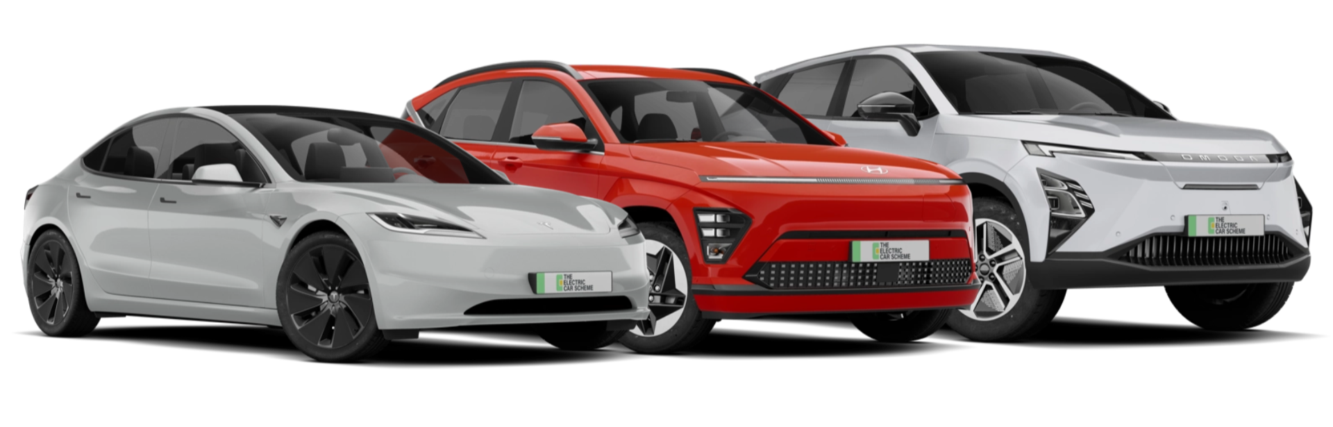 Three electric cars in white, red, and silver models, lined up in a row, each with a license plate that reads "The Electric Car Scheme."