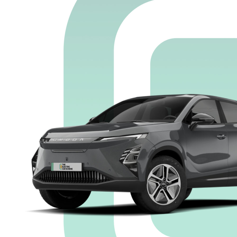 A sleek, gray electric SUV parked against a digital green background.